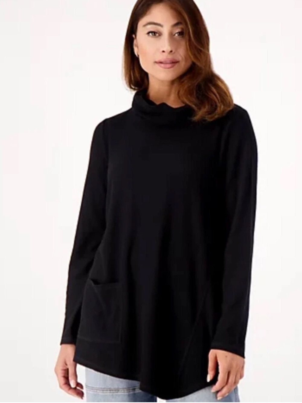 Logo Lounge Lori Goldstein Cowl Neck Relaxed Tunic Front Pockets Black XS